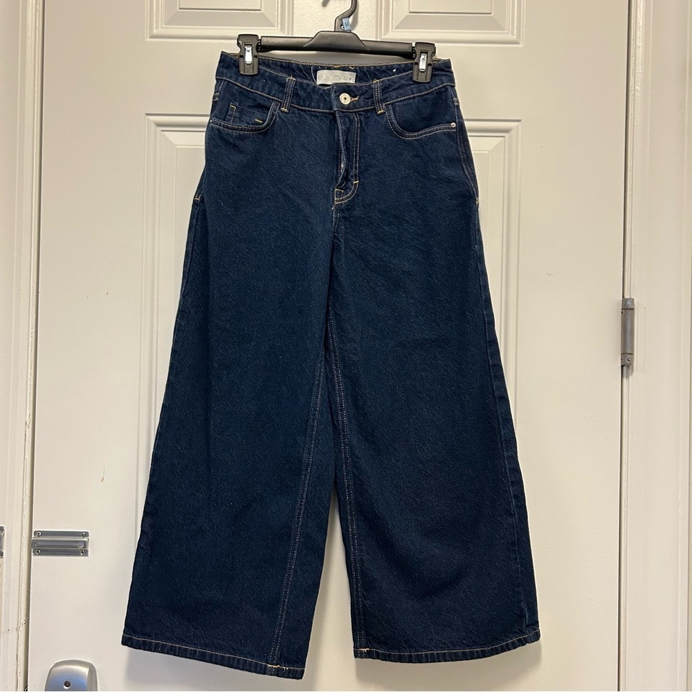 Zara Dark Wash Wide-Leg Cropped Jeans Size 4 US (EUR 36) High Rise